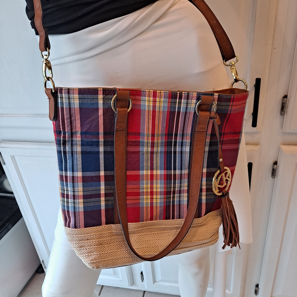 Kim Rogers Red & Blue Madras Plaid Tote with Brown Leather Trim - Picture 10 of 12